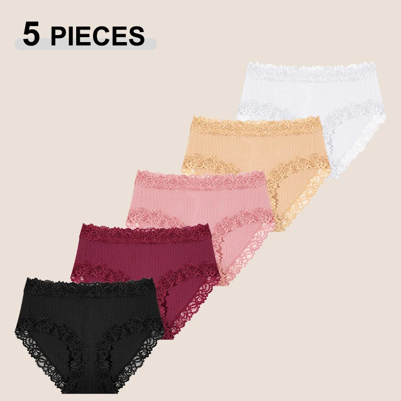 5PCS Seamless Cotton Fabric Panties Women Patchwork Lace Floral Underwear Elastic High Waist Briefs Sexy Female Lingerie S-XXL