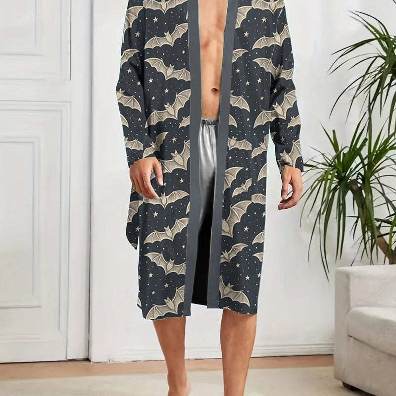Spring and Autumn Men's Long Nightgown with Digital Printed Bat Pattern, A Comfortable Home Casual Bathrobe Men.