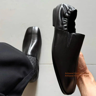 Square Toe Slip On Loafers Men's Black Leather Casual | SAMAG