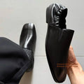 Square Toe Slip On Loafers Men's Black Leather Casual Shoes Business Casual Leather Shoes Flat Trendy Handmade Men's Shoes