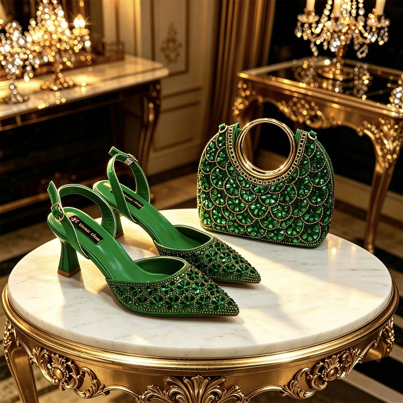 New Italian Pumps and Bag To Party 2026 INS Style Pointed Metalldekoration Rhinestone Elegant Gold Color High Heels for Women