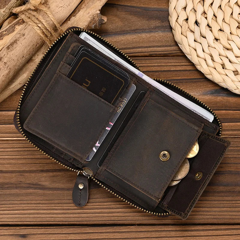 Men Crazy horse Genuine Leather Coin Wallet Real Leather Snap Short Purse Women Coin Pocket Zip Around Small Trifold Pocket