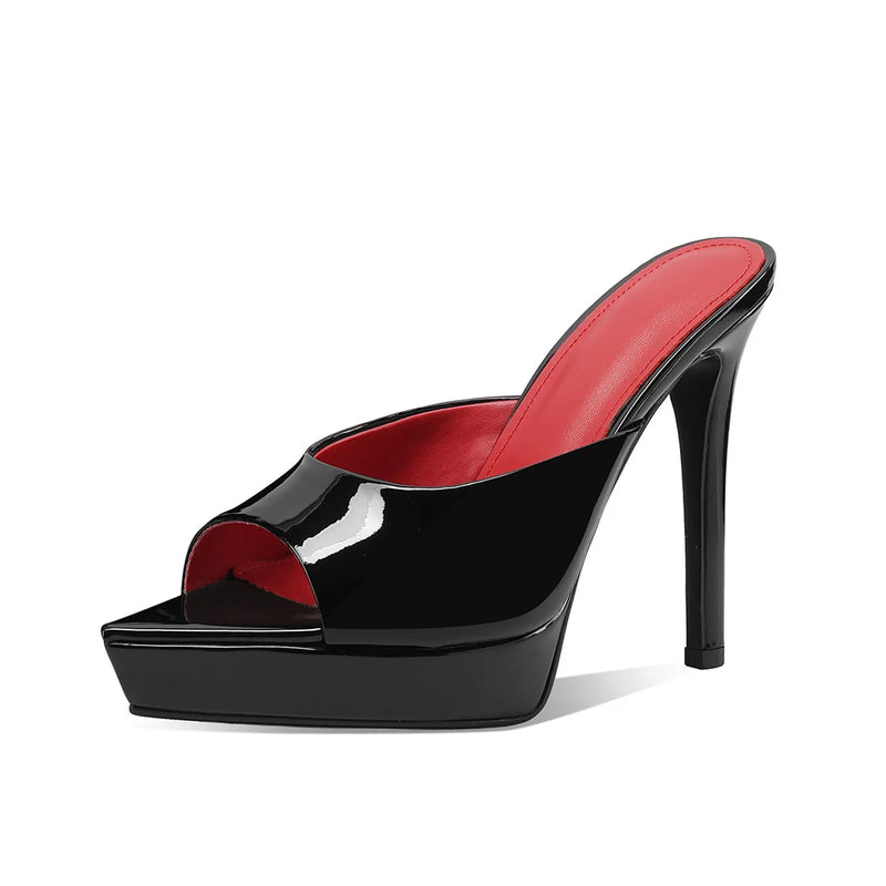 Arden Furtado Women's Patent Leather Pointed Toe Platform Super High Heel Summer Mules Slip On Fashion Slippers