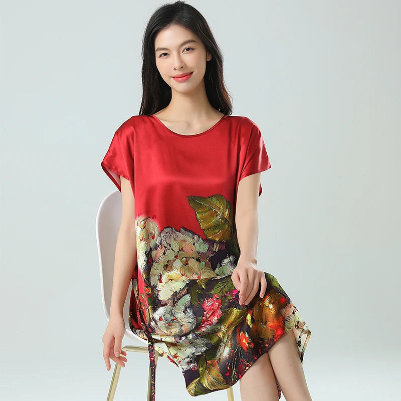 19MM 100% Mulberry  Silk Dress Pajamas Sleeping Home Dress Nightwear Women's Loose Plus Size  Short Sleeve Summer  40-80kg