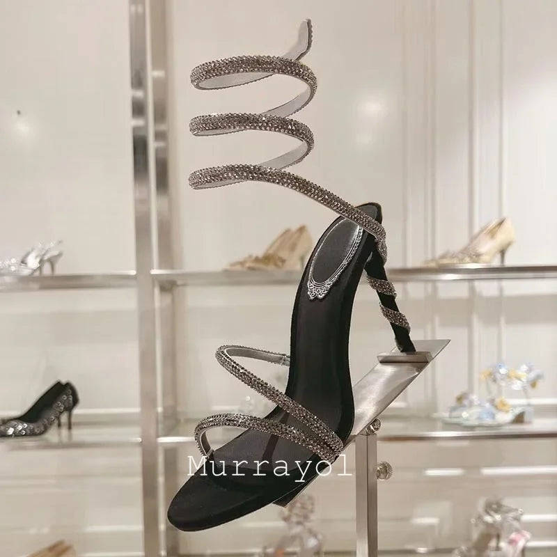 Glitter Crystal Decor High Thin Heels Sandals Women Shiny Snake Shaped Elastic Strap Design Sandalias Summer Party Dress Shoes