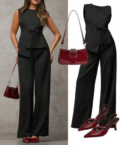 Women's Black Two Piece Set Sleeveless Round Neck Tie | SAMAG