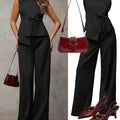 Women's Black Two Piece Set Sleeveless Round Neck Tie Asymmetric Hem Top Wide Leg Pants Set Spring Summer Office Elegant Outfit