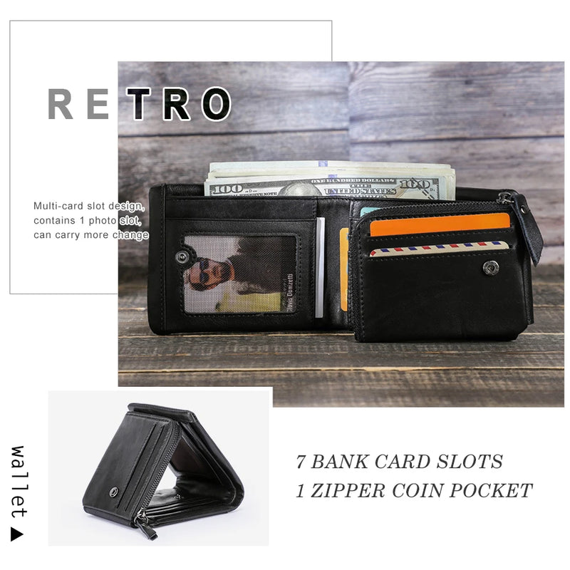 CONTACT'S Genuine Crazy Horse Leather Men Wallets Vintage Trifold Wallet Zip Coin Pocket Purse Cowhide Leather Wallet For Mens