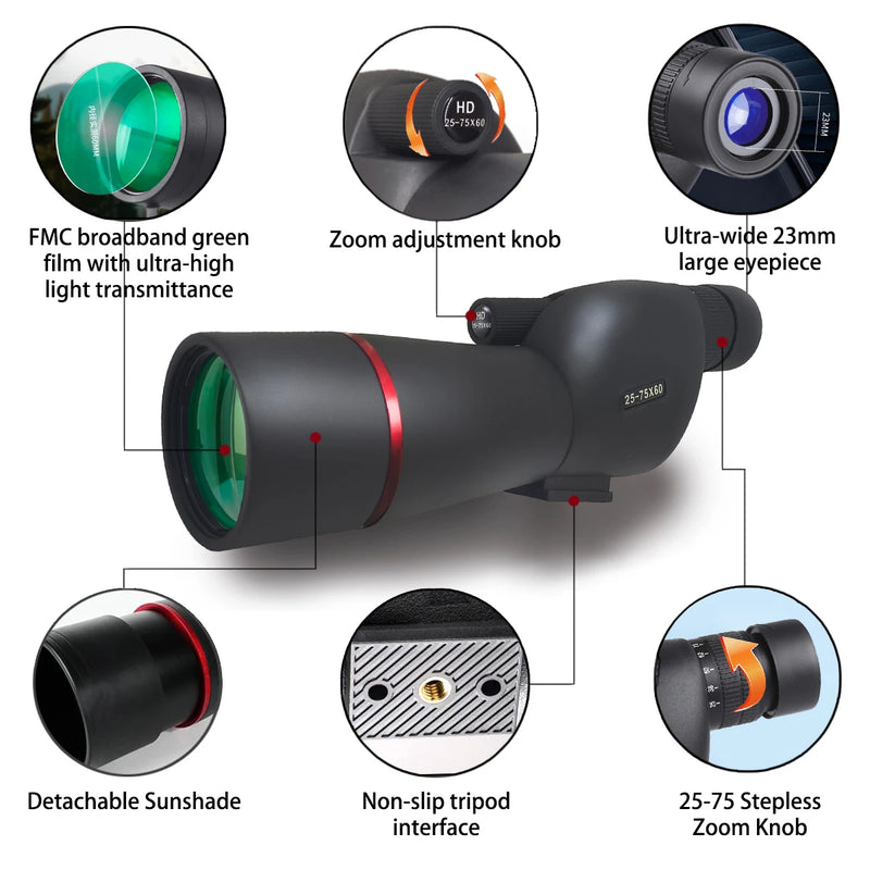 CAOX 25-75 High Power Zoom Telescope Spotting Scope Wide Field Monocular with Phone Adapter and Tripod for Bird Watching Camping