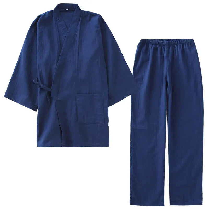 Men's new men's kimono pajamas thin breathable summer cotton gauze long set loungewear loose solid color bathrobe large size