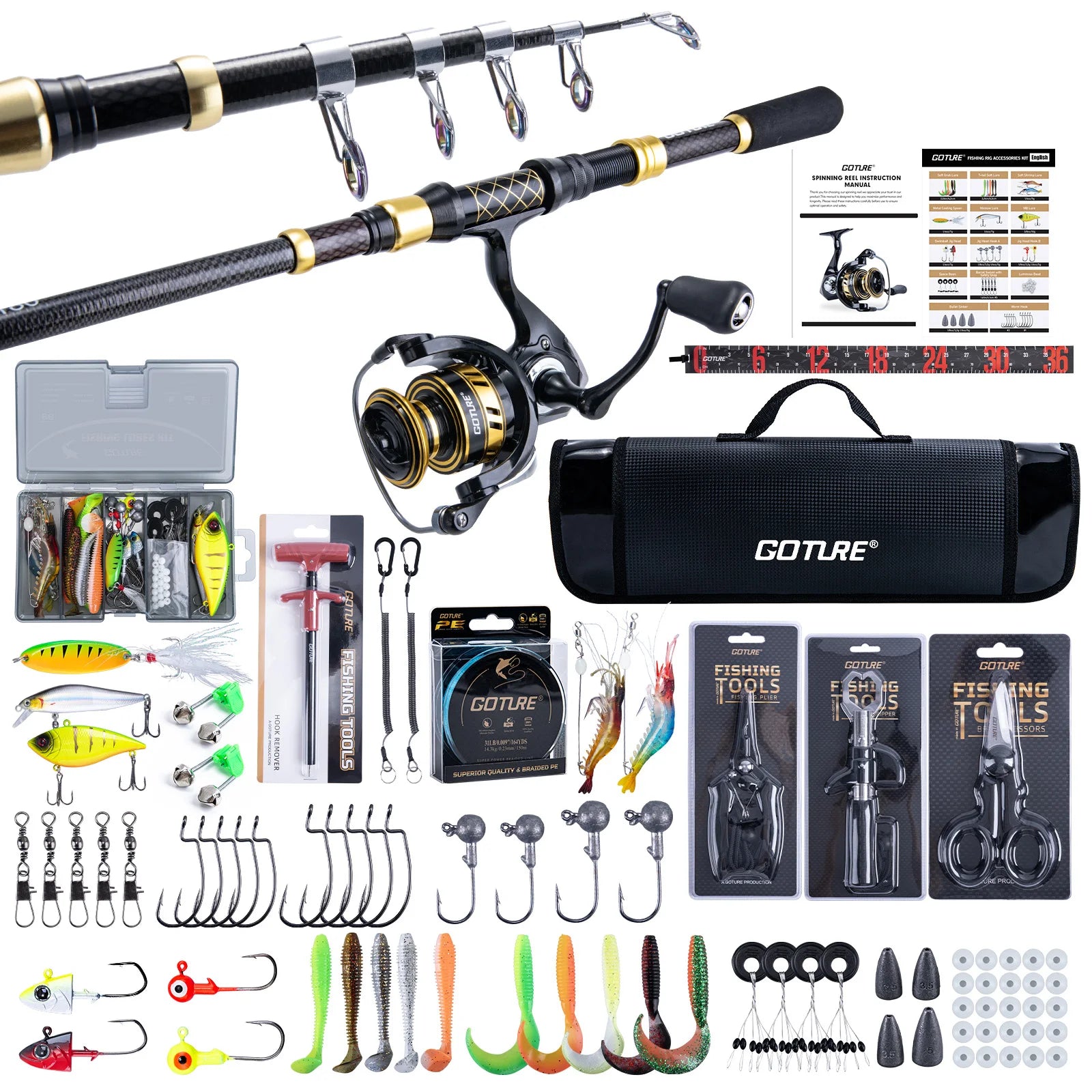 Goture Carbon Telescopic Rod Spinning Reel Full Tackle Kit PE Line Lures Hooks Tools Bag Saltwater Freshwater Fishing Gear Set