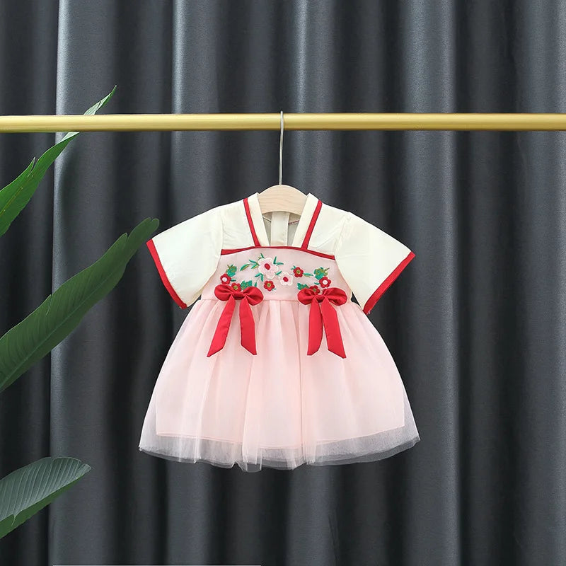 Summer Children Clothes Vintage Chinese Style Embroidered Baby Party Mesh Dresses For Toddler Girl 0 To 3 Years Kids Costume
