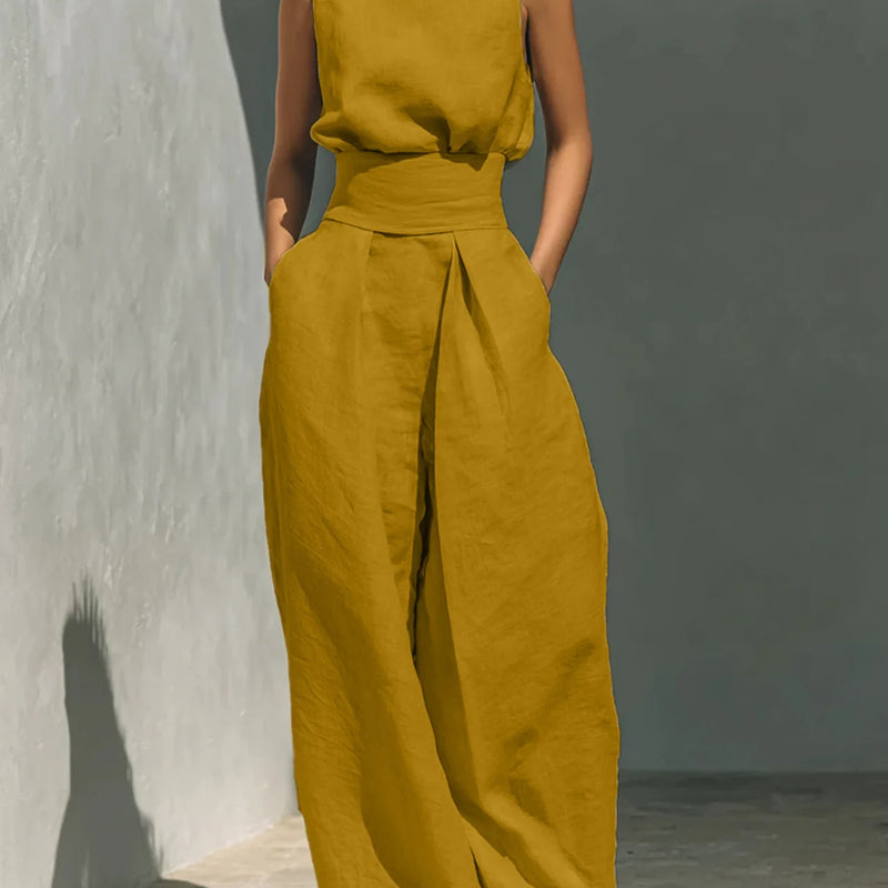 2026 Sleeveless Top+Wide Leg Pants Summer Casual Two-Piece Set Elegant And Loose Office Set High Street Pocket Women's Suits