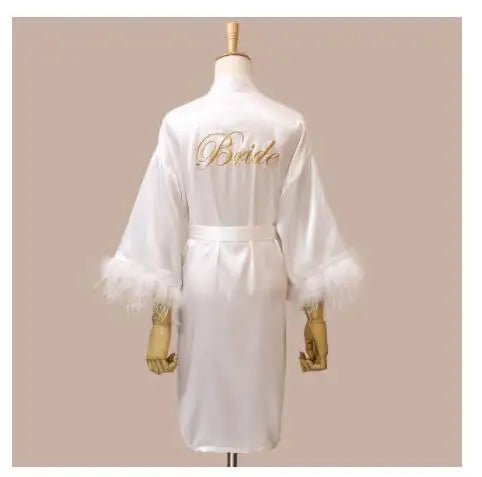 Women FEATHER Bride Bridesmaid Wedding Robe Satin Kimono | SAMAG