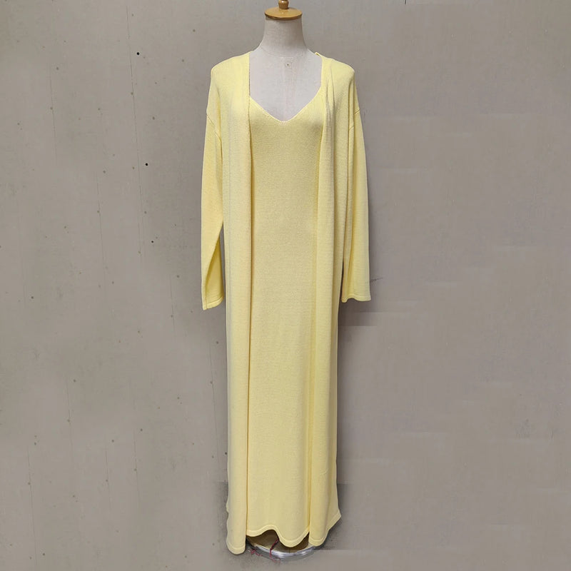 Tuularose Women Long Dress 2 Piece Solid Knitted Spaghetti Strap Dress Long Sleeve Cardigan Set Casual Fashion Female Dress Set