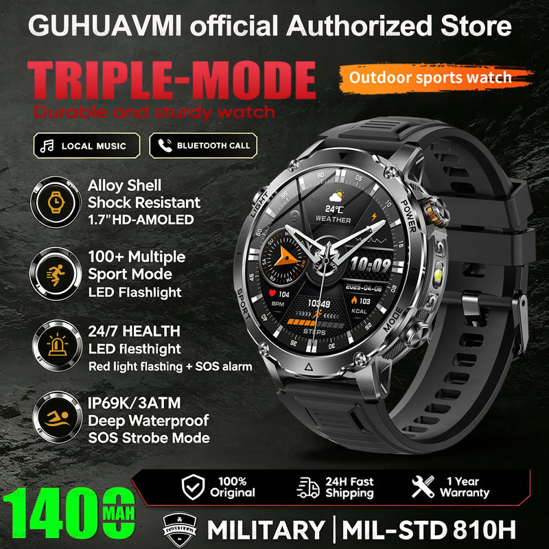 New 1400mAh Battery Sports Smart Watch 1.7” SOS+Flashlight Exercise Record Bluetooth Call Waterproof Health Watch For Android iO