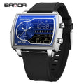 Sanda Men's Watch Fashionable Multifunctional Luminous Waterproof，Three Time Zones, Alarm Clock, Dual Display Electronic Watch