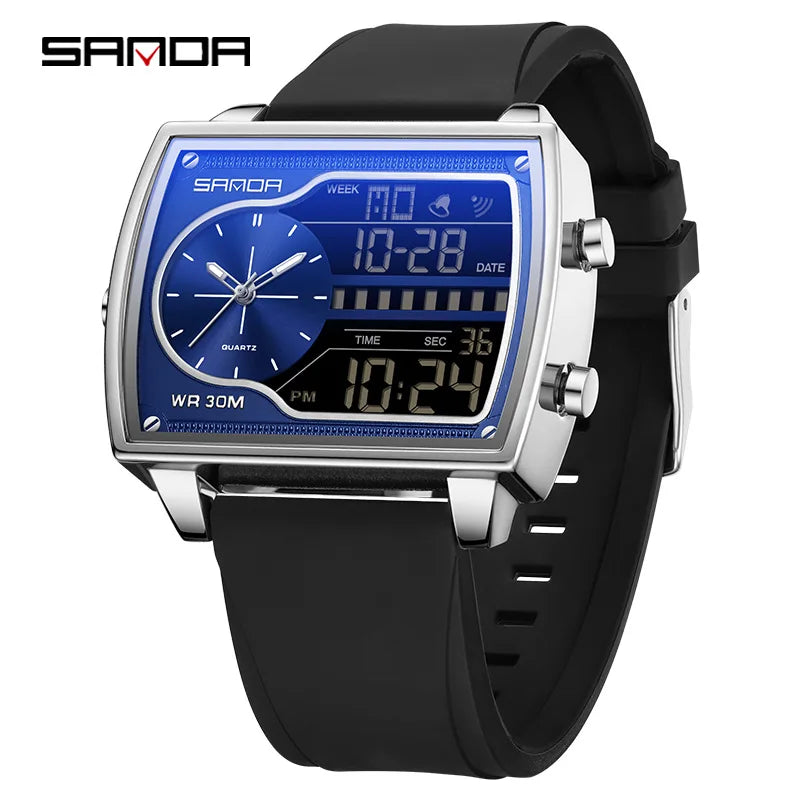 Sanda Men's Watch Fashionable Multifunctional Luminous Waterproof，Three Time Zones, Alarm Clock, Dual Display Electronic Watch