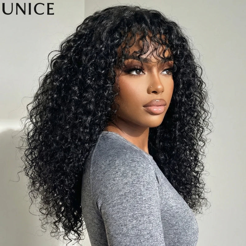UNice Pre Cut Pre Bleached Boho Curly Wig With Bangs Natural Black 4x2 Lace T Part 100% Human Hair Glueless Drawstring Wig