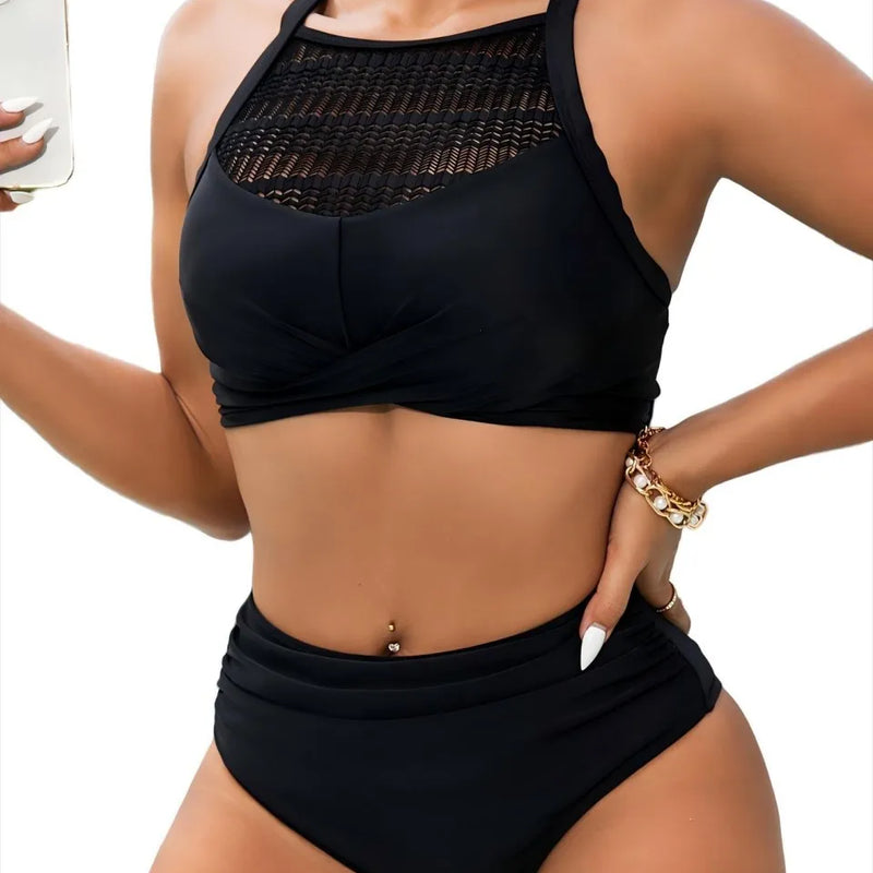Sexy Strappy Bikini High Waist Swimsuit Women Black Mesh | SAMAG