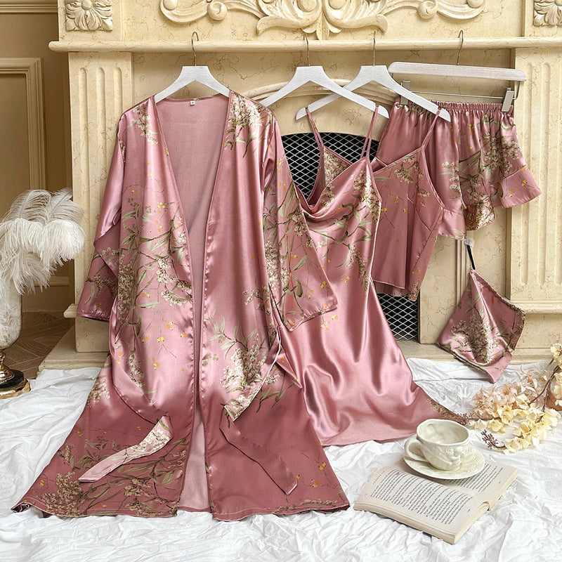 Silk Robe Sleep Suit Women's Lace Satin Pajamas Gown Set | SAMAG