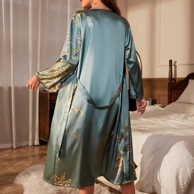 New Women's Sleepwear Printed Robe Sexy Satin Elegant | SAMAG