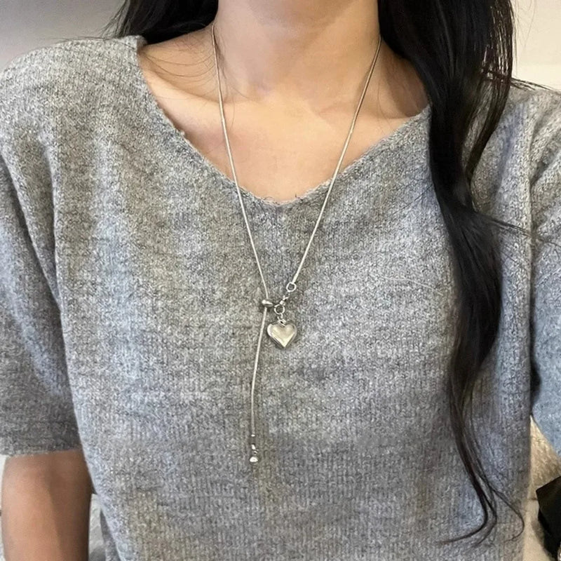 Stainless Steel Long Necklace with Heart Pendant Adjustable Chain Sweater Chain for Women Fashion Jewelry Accessories 2025