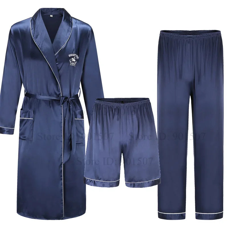 Spring Autumn Male Robe 3PCS Sleepwear Set Ice Silk Kimono Bathrobe Gown Loungewear Loose Casual Satin Homewear Nightwear 3XL