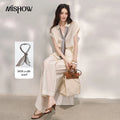 MISHOW Women's Linen 2 Piece Sets 2026 Summer Lapel V-neck Shirt High Waist Wide Leg Pants Set with Scarf Office Lady MXF20T1713