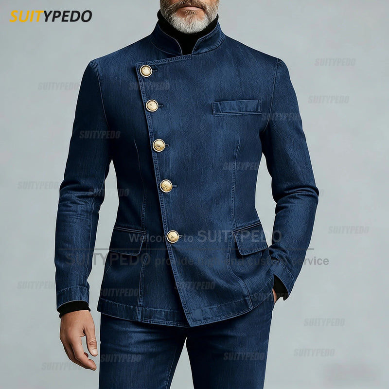 Fashion Denim Suits  Sets for Men High Quality Single Breasted Regular Length 2 Piece Jacket And Pants Casual Costumes Hommes