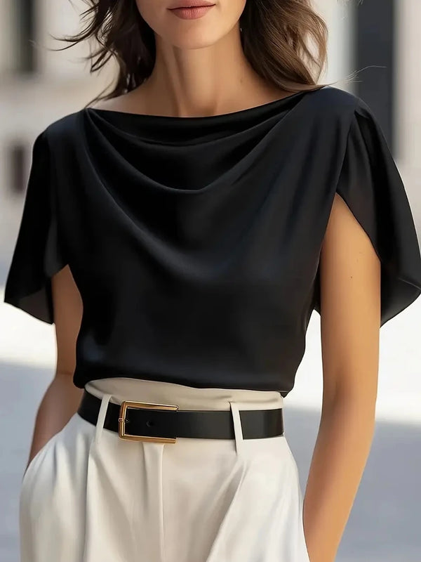 Women's Short Sleeve Cowl Neck Blouse Elegant Draped - View 5 | SAMAG