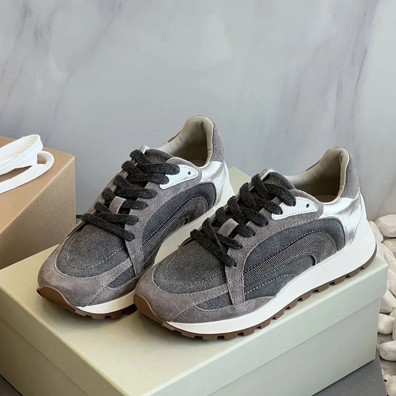 Women's Vulcanized Shoes Leather Beaded Casual Sneakers