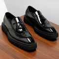 British Style Genuine Leather Platform Square Toe Carving Slip On Dress Shoes Handmade Cowhide Tassels Solid Color Men Loafer