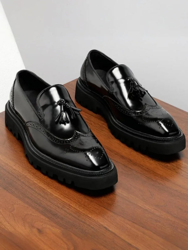 British Style Genuine Leather Platform Square Toe Carving Slip On Dress Shoes Handmade Cowhide Tassels Solid Color Men Loafer