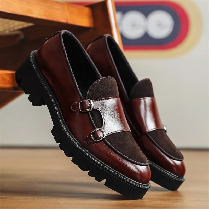 Size 37-48 Leather Monk Shoes Thick-soled British Style Black Formal Business Shoes Fashion Luxury Slip-On Casual Shoes