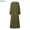 ZANZEA Women Modest Plisse Maxi Dress O-Neck Long Sleeve | SAMAG