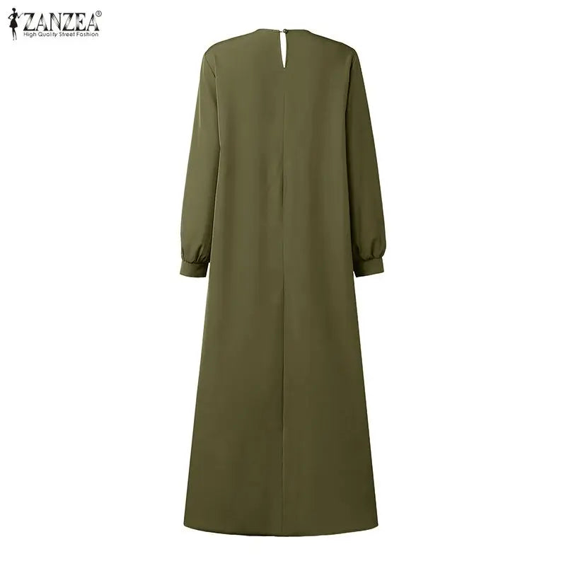 ZANZEA Women Modest Plisse Maxi Dress O-Neck Long Sleeve | SAMAG