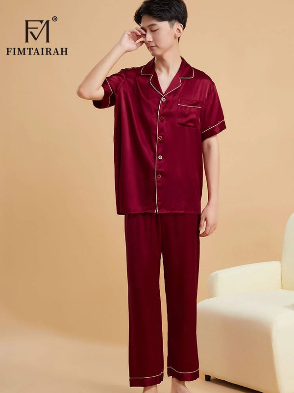 Fimtairah Real 19MMSilk 100% Mulberry Silk Pajamas Men's  Hangzhou Solid Color heavy Silk Home Wear Men's Short sleeve trousers