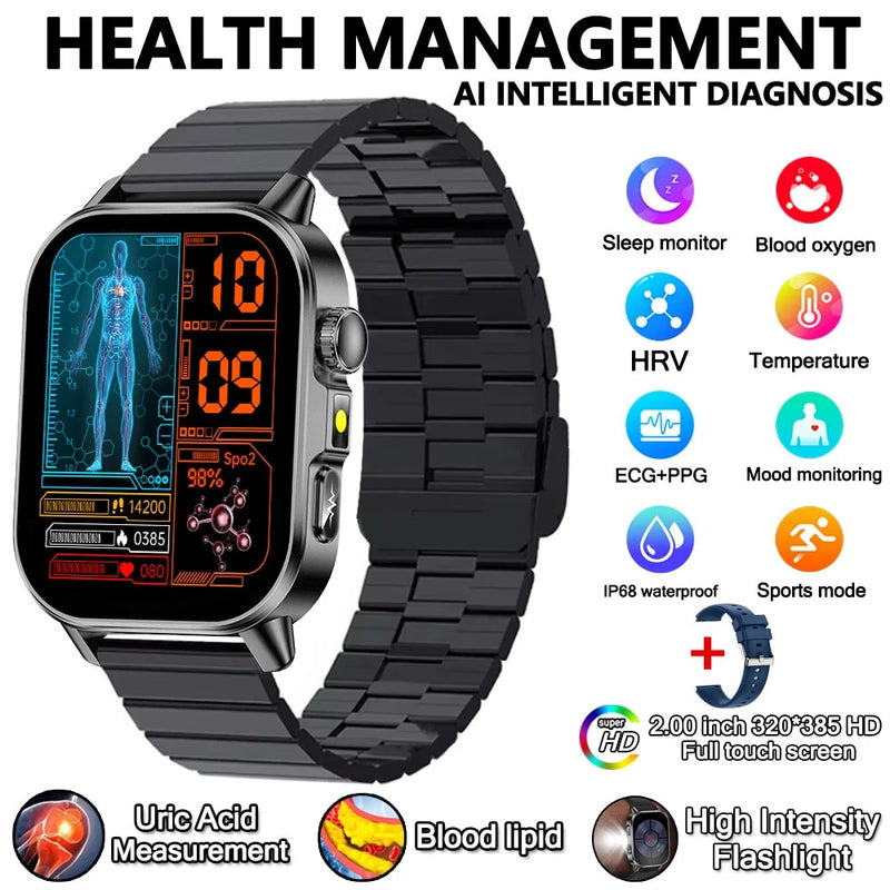 2026 New Professional-Grade Health Smart Watch Men ECG BP HR Uric Acid Lipid BMI Body Analysis Bluetooth Call Smartwatch Women