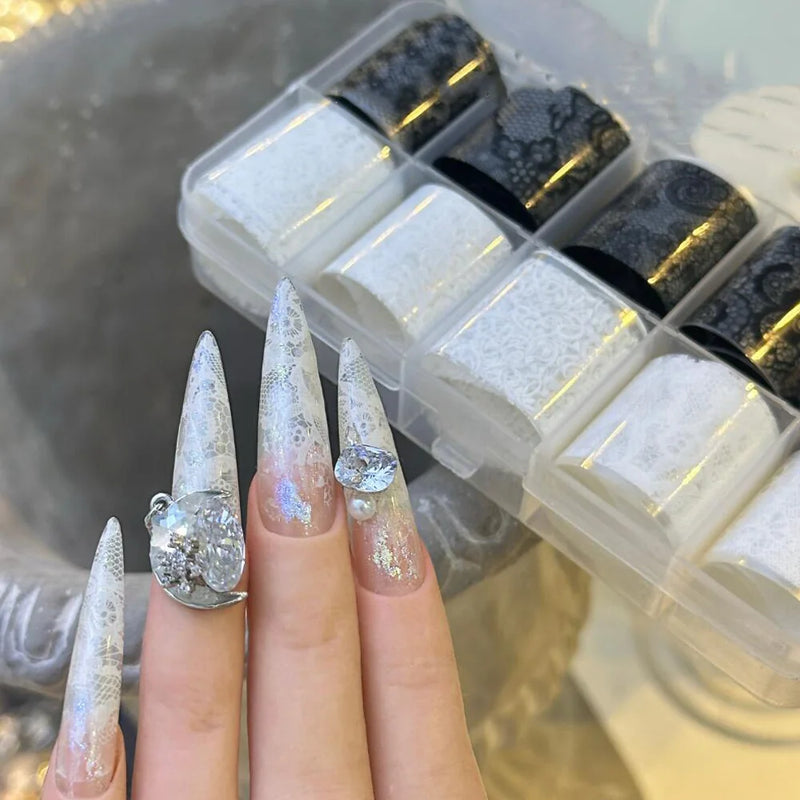 10 Rolls/Box New Black&White Lace Nail Transfer Stickers Sexy Lace Flower Full Wraps Nail Decals DIY French Manicure Decorations
