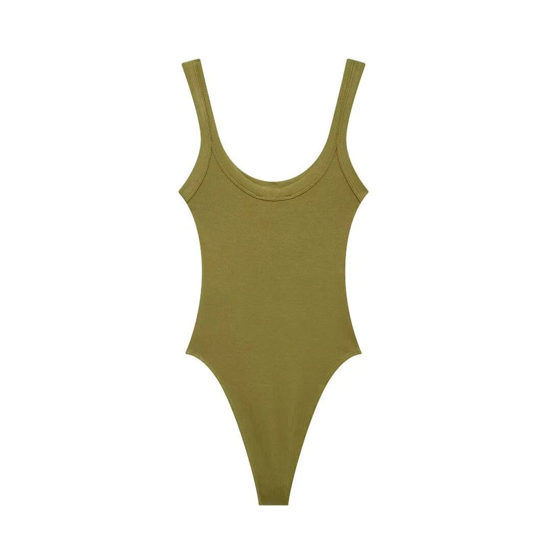 Women's Skinny Ribbed Bodysuits O Neck Straps Snap-Button Sexy Fashion Female Playsuits Comfortable Stretchy Clothing
