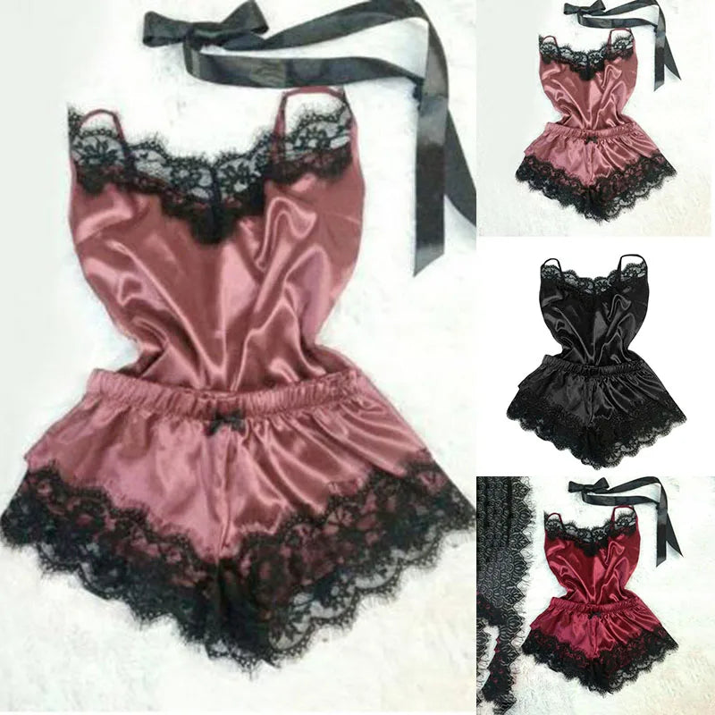 Sexy Pyjamas Set Women Sleepwear Ice Silk Satin | SAMAG