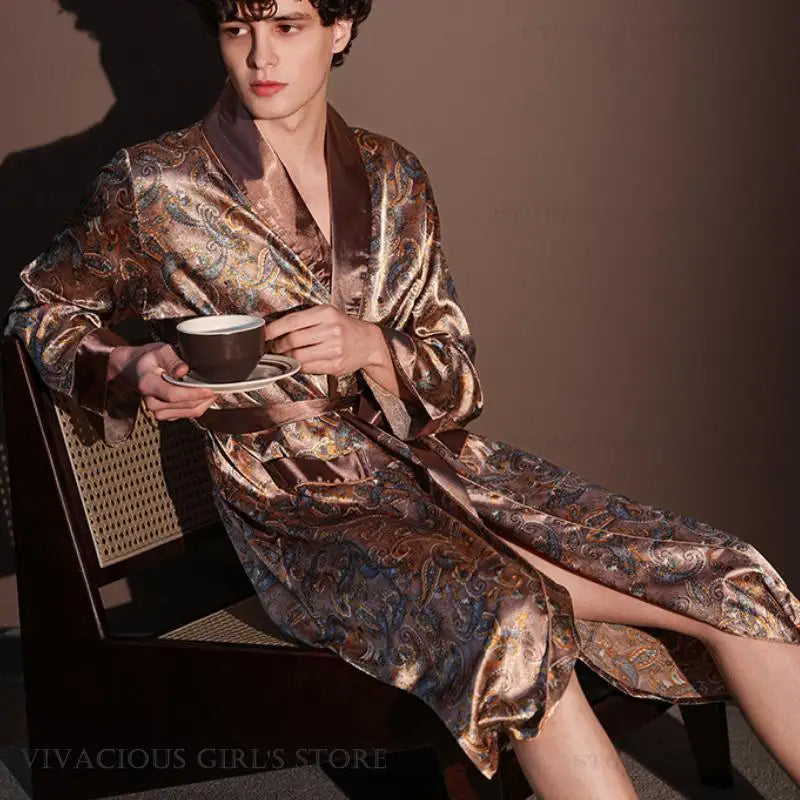Pajama Men's Robe Kimono Gown Bathrobe with Pockets Print Sleepwear Home Clothing Spring Autumn Satin Nightwear Loose Loungewear