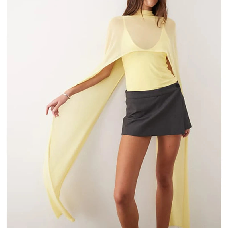Womens High Low Polka Dot/Solid Color Sheer Cover-ups Summer Holiday O Neck Cape Blouse Female Jacekt Long Party Tops