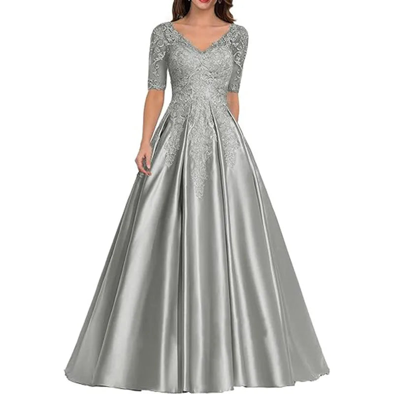 A Line Women Evening Dresses Satin Appliques V Neck Prom | SAMAG