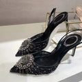 Luxury Diamond Pearls Lace Mesh Women Pumps Elegant Pointed toe Thin High heels Fashion Summer Slingbacks Wedding Party Shoes