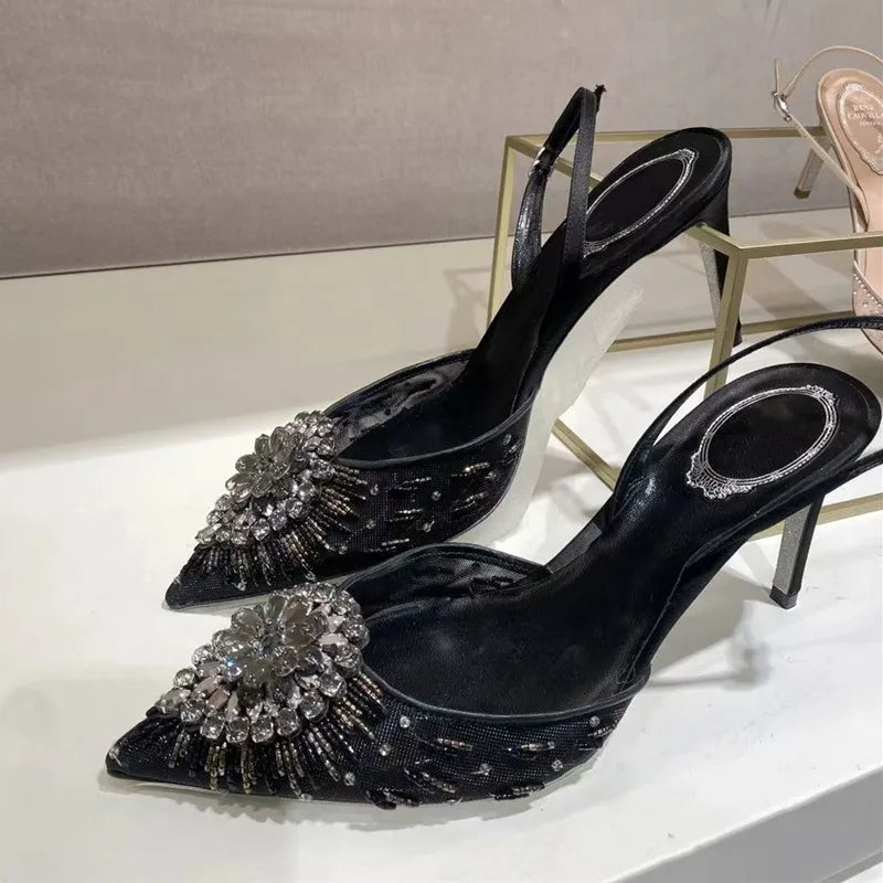 Luxury Diamond Pearls Lace Mesh Women Pumps Elegant Pointed toe Thin High heels Fashion Summer Slingbacks Wedding Party Shoes