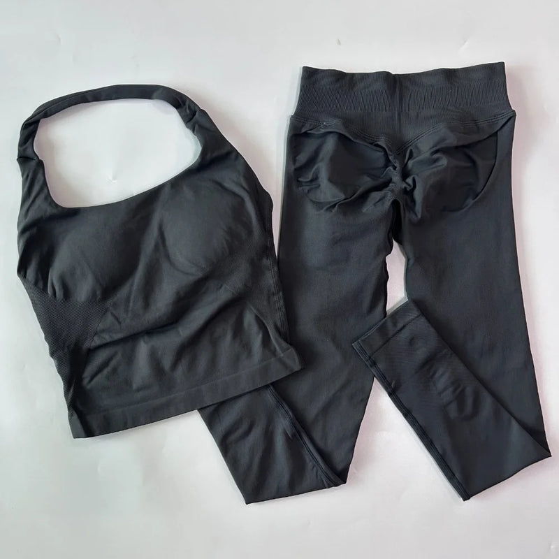 1-2pcs Gym Set Women Backless Tank Tops High Waist Scrunch Seamless Shorts High Waist Yoga Leggings Workout Sets Gym Suit