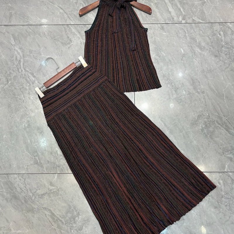 Metallic Colorful Striped Knit Skirt Set Women 2026 New Classic Halter Neck Sleeveless T-Shirt+Slim Versatile Skirt 2-Piece Set
