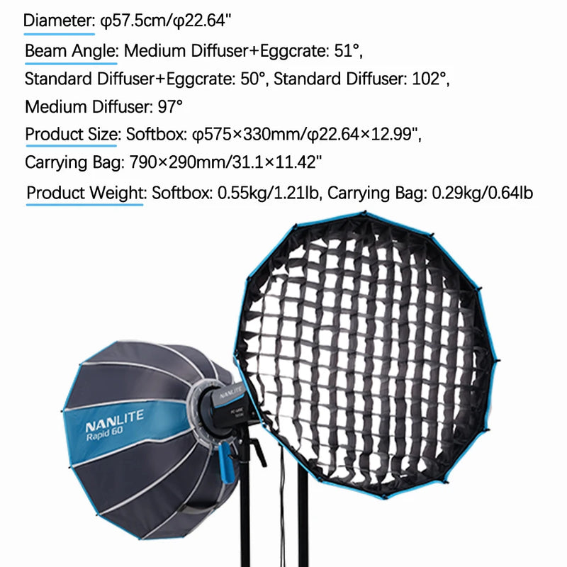 Nanlite SB-FM-RP60 Rapid 60cm FM Mount Softbox Professional Soft Light Rapid Setup Complete Accessories Durable Build